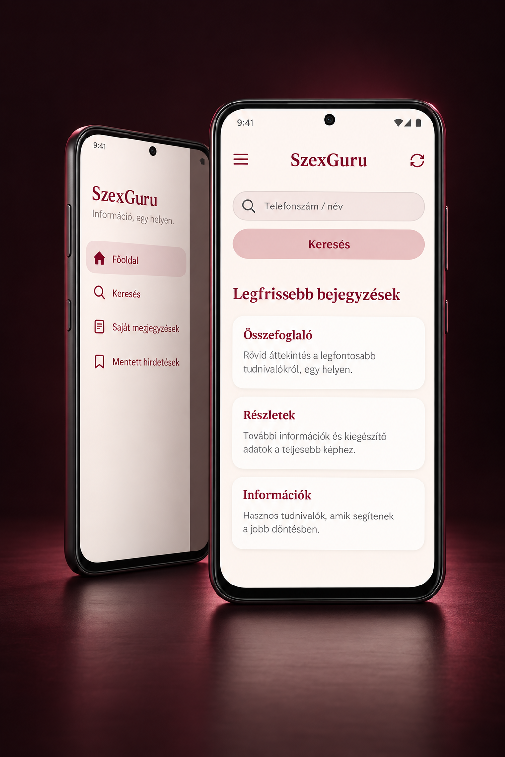 A SzexGuru bordó és krémszínű keresőfelületének és oldalsó menüjének generált telefonos látványterve