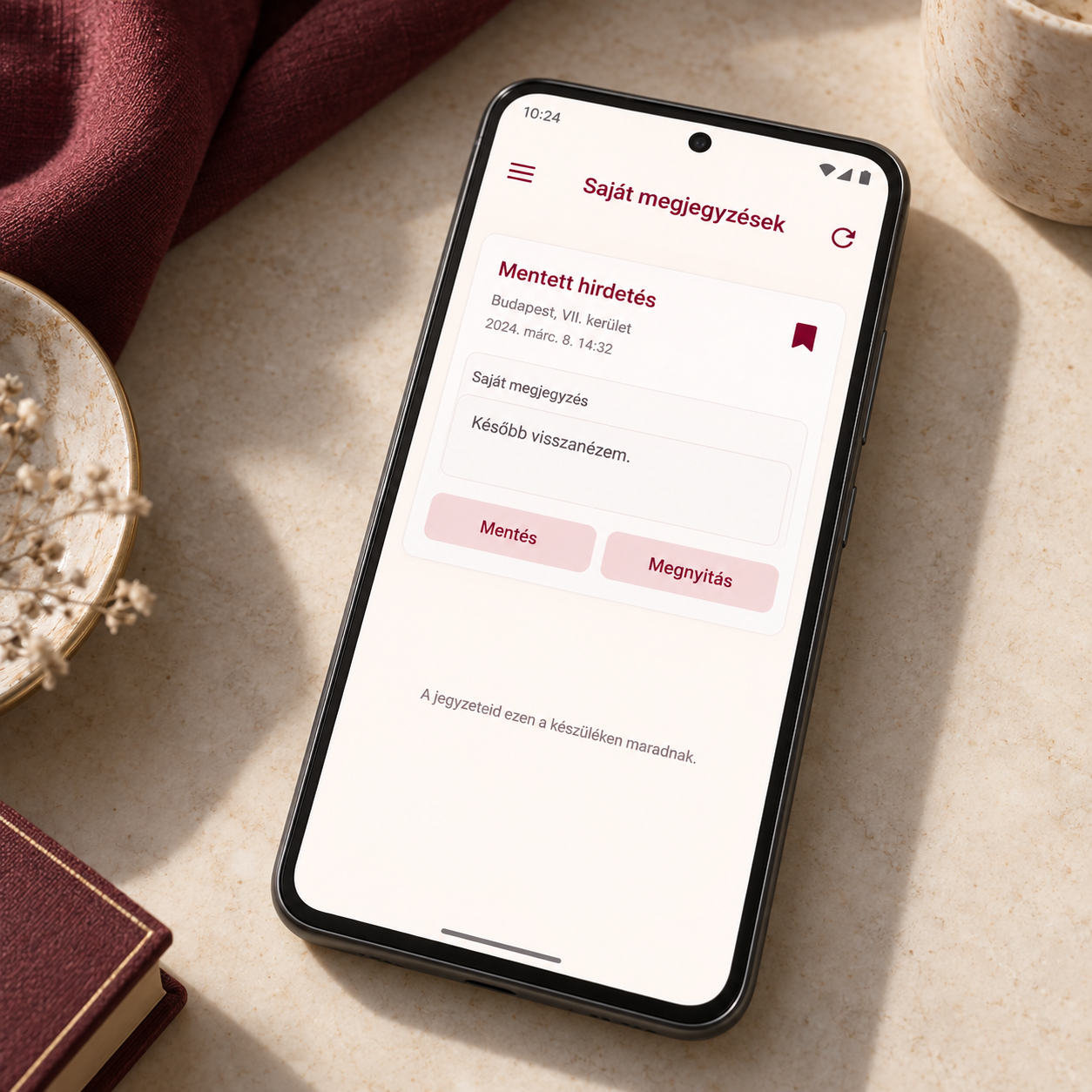 Generált látványkép a SzexGuru saját megjegyzések és mentések felületéről egy Android-telefonon